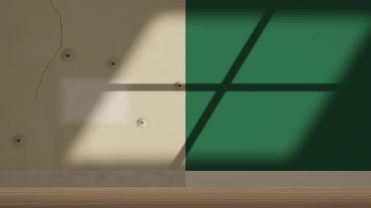 Sample render: a damaged cream wall on the left, the same wall repaired and painted forest green on the right