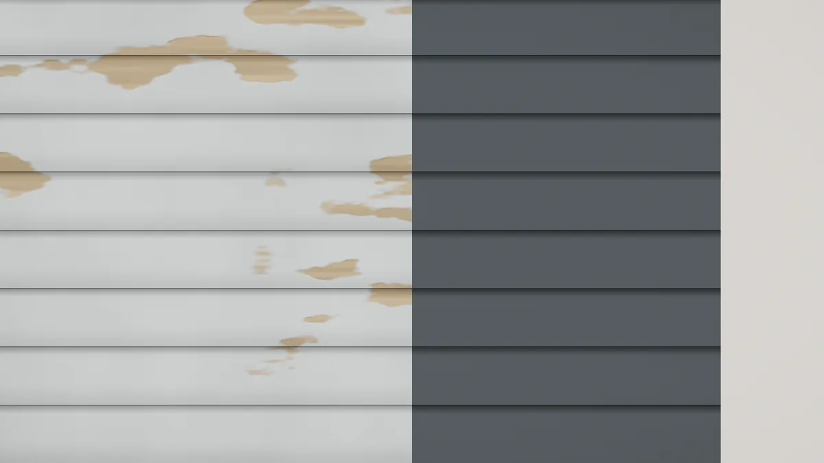 Sample render: peeling weatherboards on the left, the same boards repainted charcoal on the right